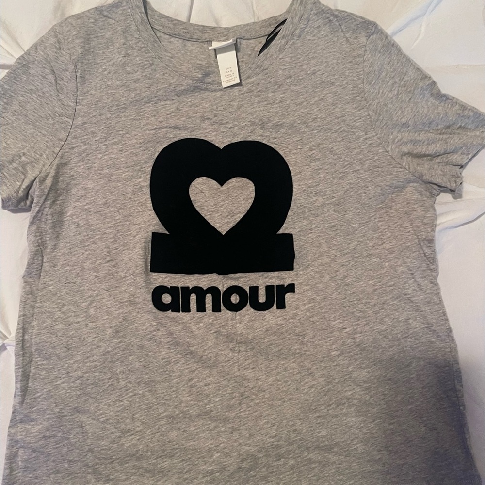 H&M Gray Short Sleeve Tee with Black Heart Design
